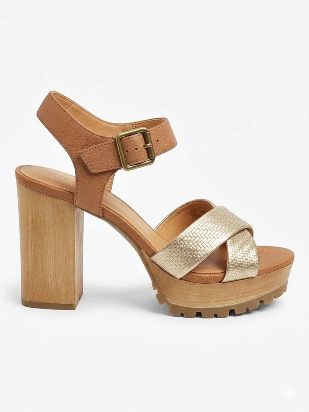 Crown Vintage Platform Block Heels Ankle Strap Size 7.5 Gold Tan Y2K Boho Indie